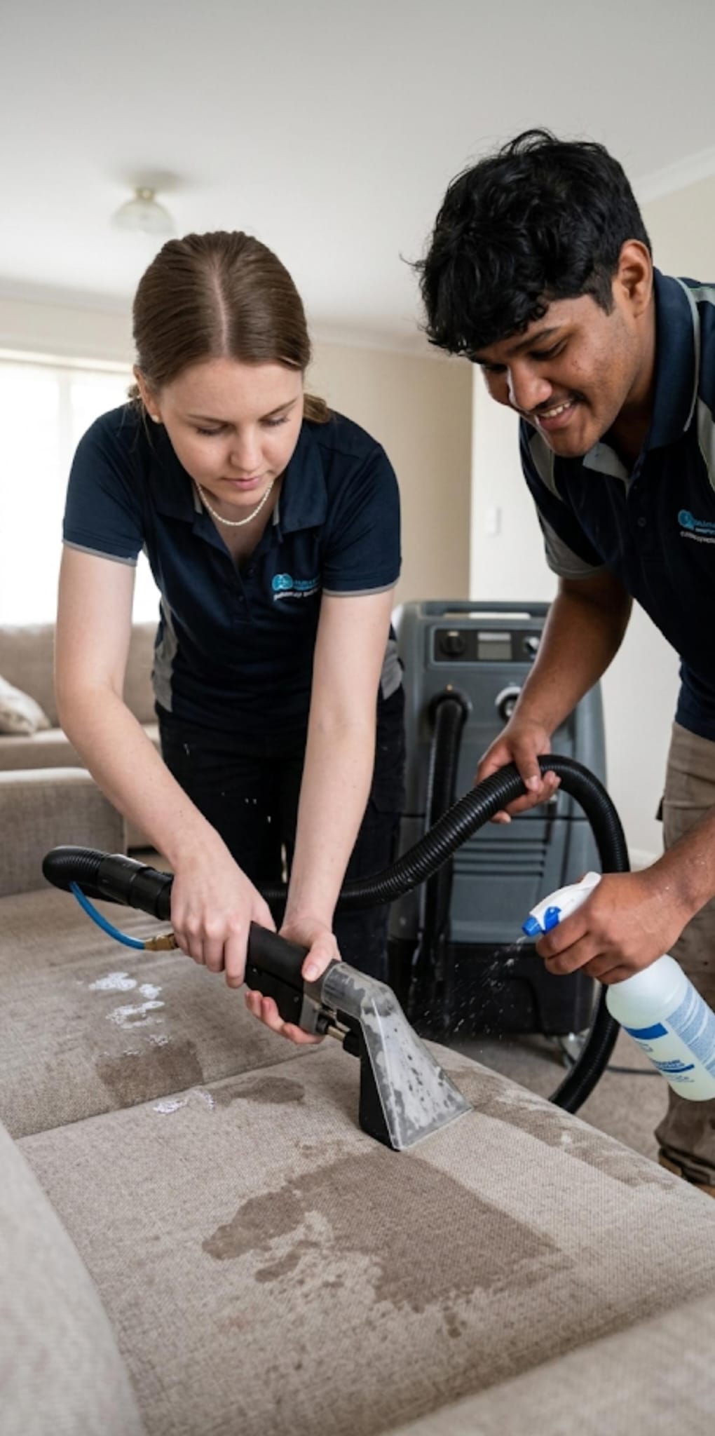 Assuncao Cleaning owners performing professional upholstery cleaning in Central New York